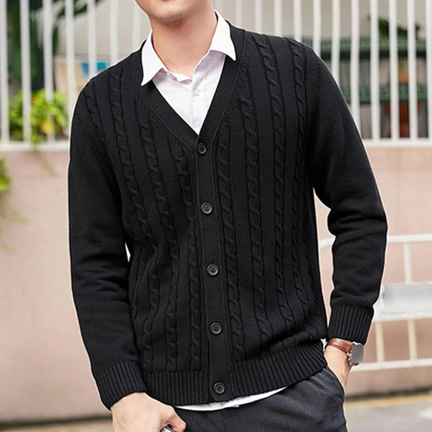 Men's V-Neck Knitted Jacket Buttons Lightweight Men Knit Cardigan Sweaters Solid Color Button Down Knit Coat