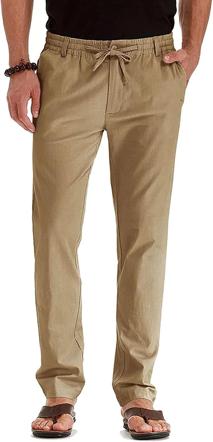 Mens Wild Cotton Pants, Classic Regular Fit Business Casual Work Pants, Elastic Drawstring Waist Twill Pants for Men