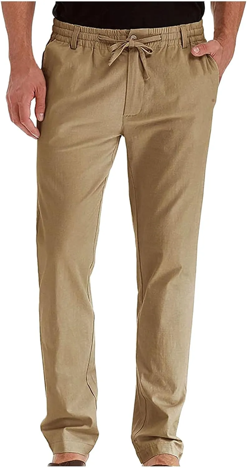 Mens Wild Cotton Pants, Classic Regular Fit Business Casual Work Pants, Elastic Drawstring Waist Twill Pants for Men
