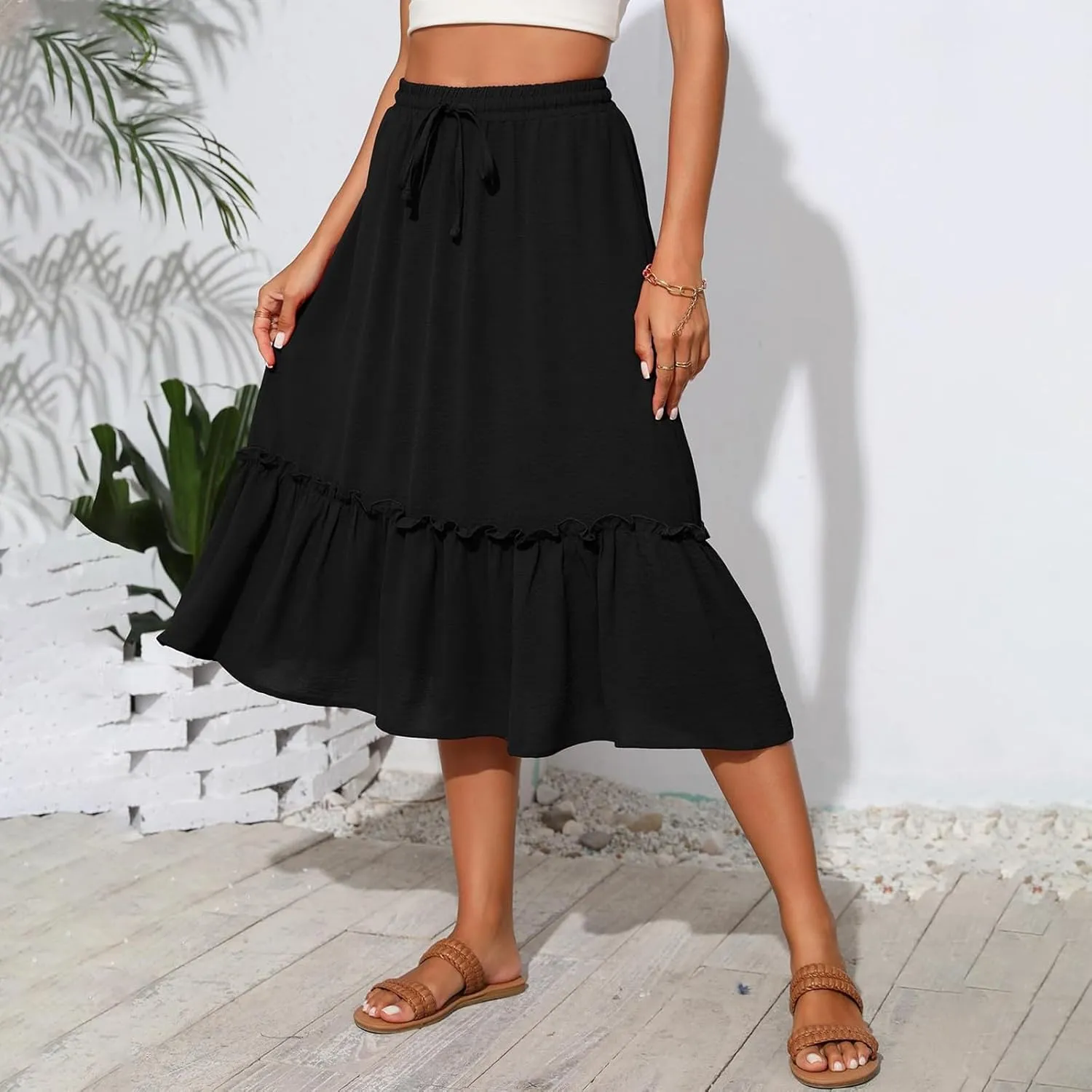 Midi Skirts for Women,2025 Summer Trendy Floral Print High Elastic Boho Skirts,Flowy Ruched Tiered Swing Beach Dress