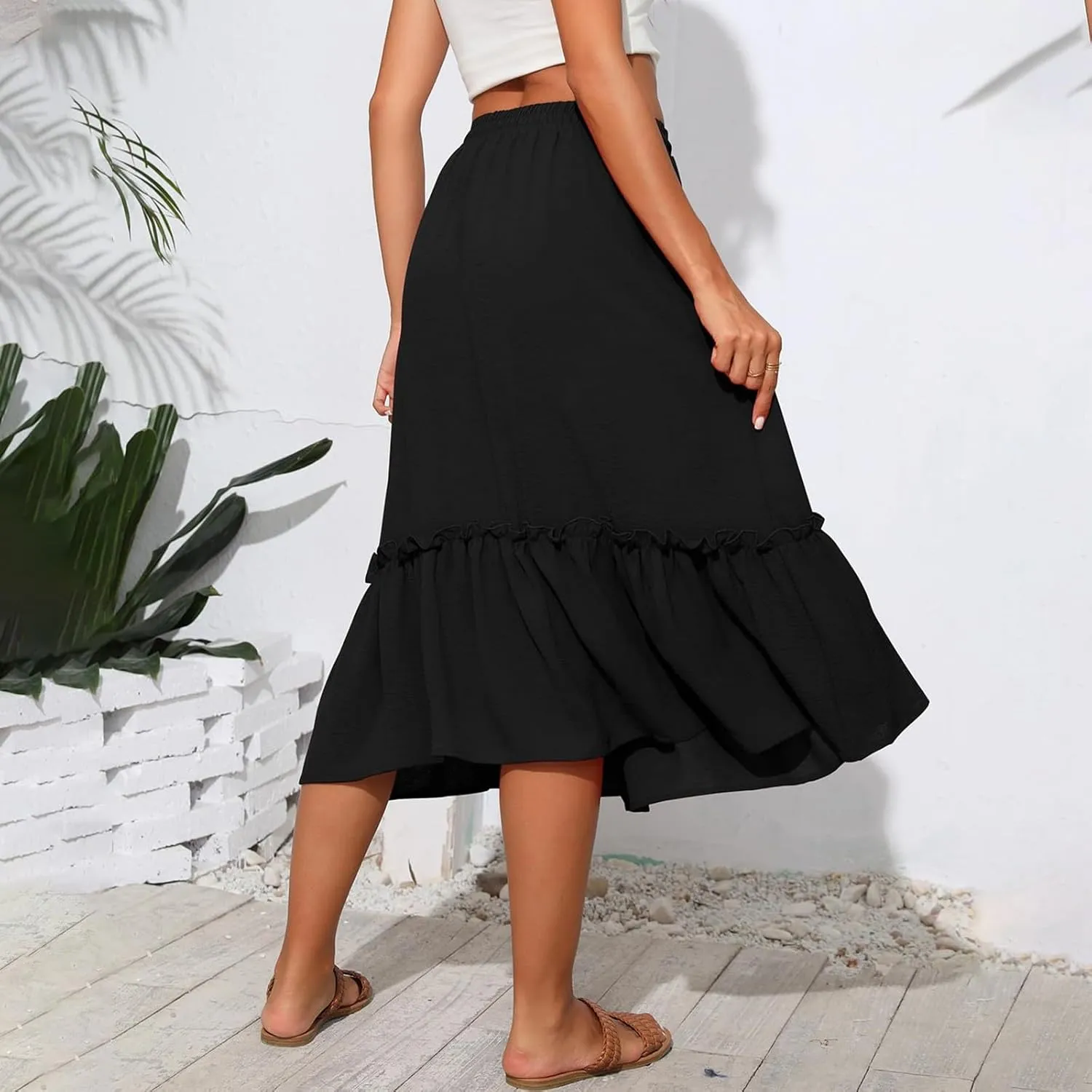 Midi Skirts for Women,2025 Summer Trendy Floral Print High Elastic Boho Skirts,Flowy Ruched Tiered Swing Beach Dress