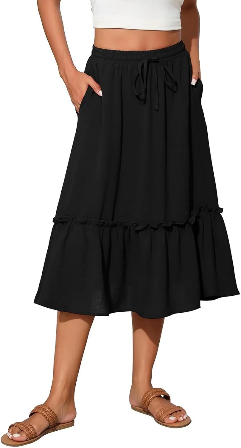 Midi Skirts for Women,2025 Summer Trendy Floral Print High Elastic Boho Skirts,Flowy Ruched Tiered Swing Beach Dress