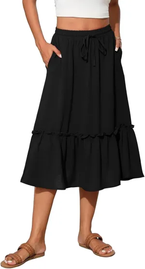 Midi Skirts for Women,2025 Summer Trendy Floral Print High Elastic Boho Skirts,Flowy Ruched Tiered Swing Beach Dress