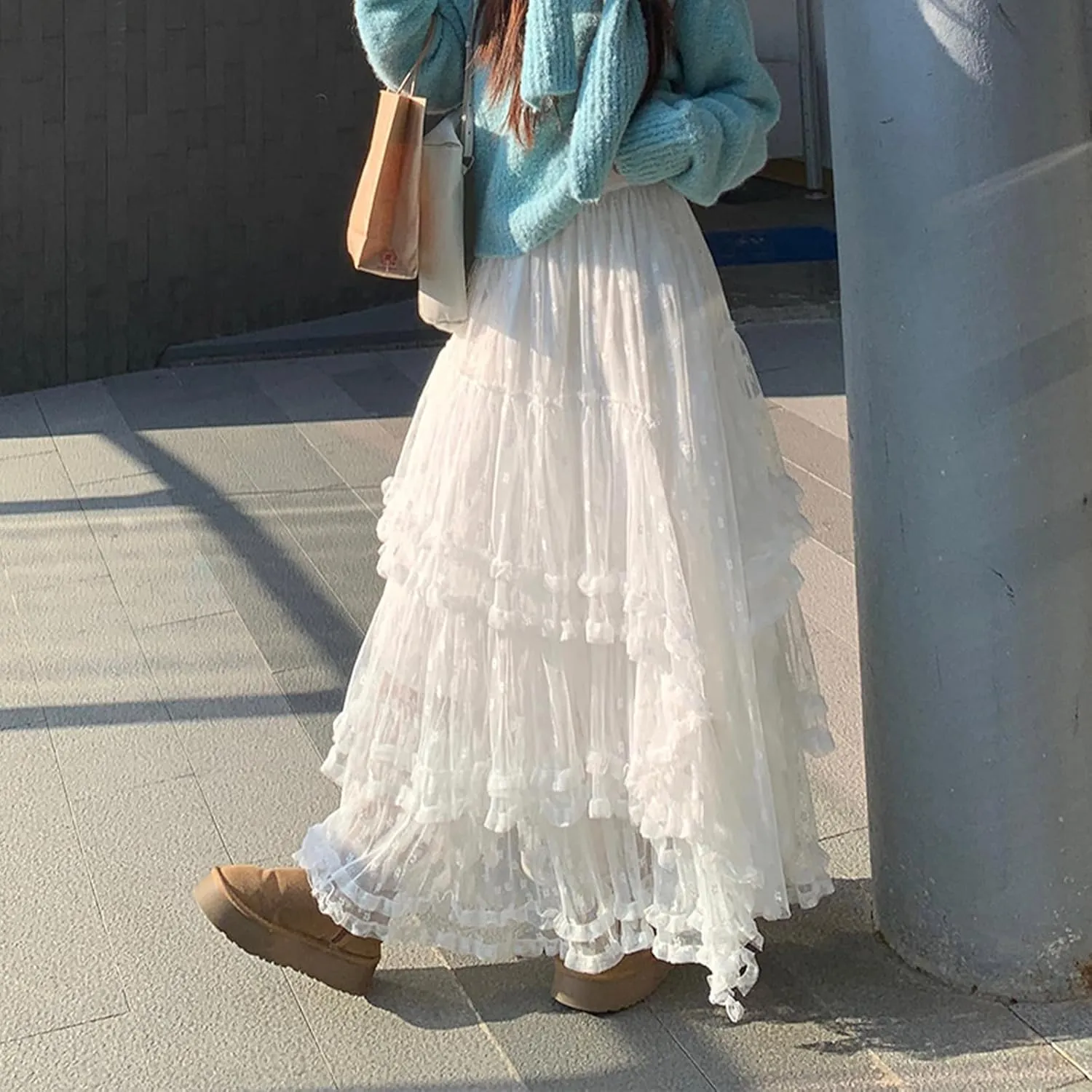 Mxiqqpltky Maxi Tulle Skirts for Women Casual High Waisted Tiered Ruffle Mesh Lace Skirt Fairy Puffy Flowy Long A-line Skirt