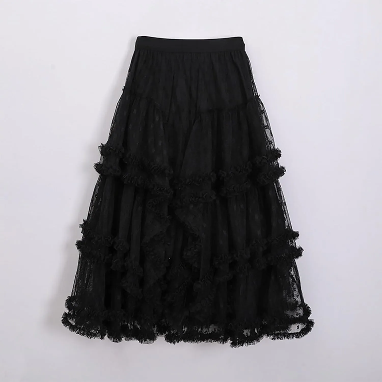 Mxiqqpltky Maxi Tulle Skirts for Women Casual High Waisted Tiered Ruffle Mesh Lace Skirt Fairy Puffy Flowy Long A-line Skirt