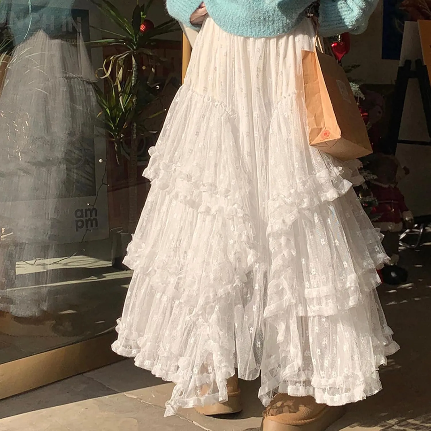 Mxiqqpltky Maxi Tulle Skirts for Women Casual High Waisted Tiered Ruffle Mesh Lace Skirt Fairy Puffy Flowy Long A-line Skirt