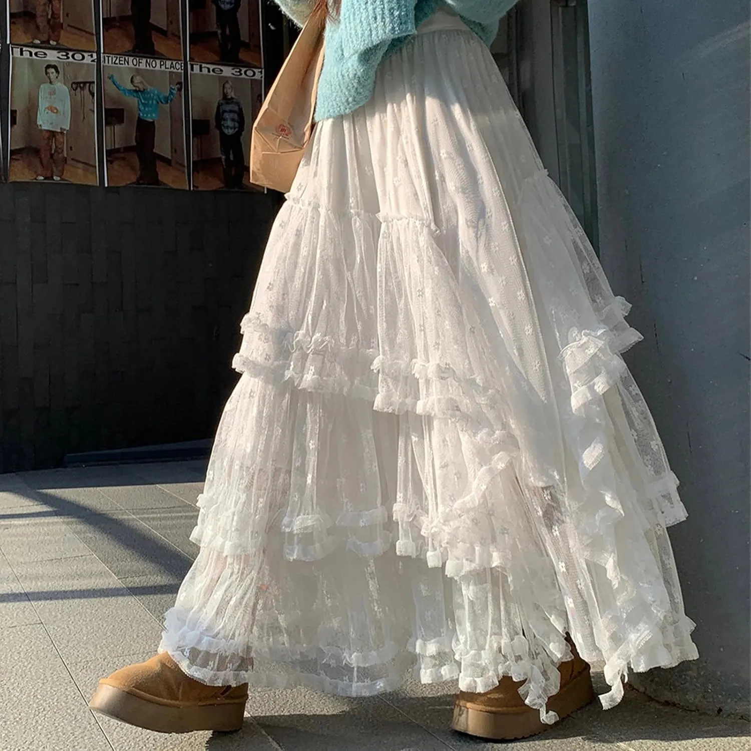 Mxiqqpltky Maxi Tulle Skirts for Women Casual High Waisted Tiered Ruffle Mesh Lace Skirt Fairy Puffy Flowy Long A-line Skirt