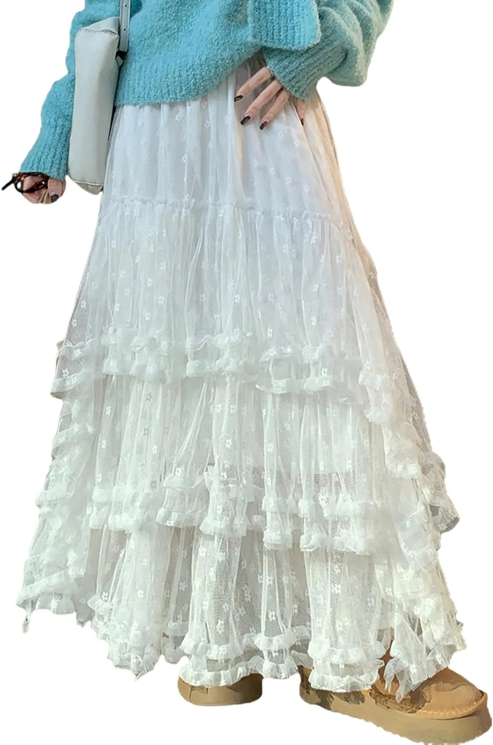 Mxiqqpltky Maxi Tulle Skirts for Women Casual High Waisted Tiered Ruffle Mesh Lace Skirt Fairy Puffy Flowy Long A-line Skirt