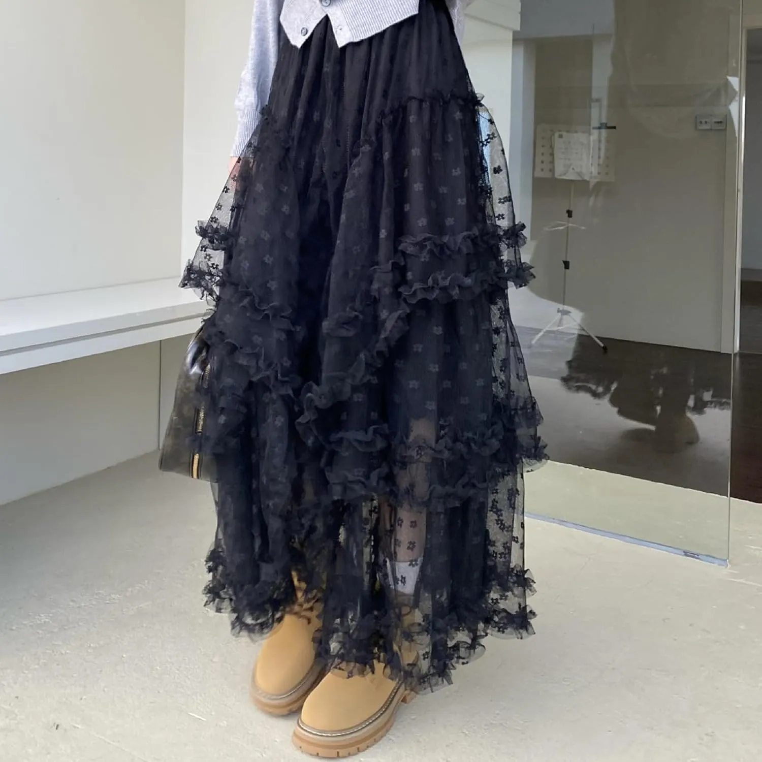 Mxiqqpltky Maxi Tulle Skirts for Women Casual High Waisted Tiered Ruffle Mesh Lace Skirt Fairy Puffy Flowy Long A-line Skirt