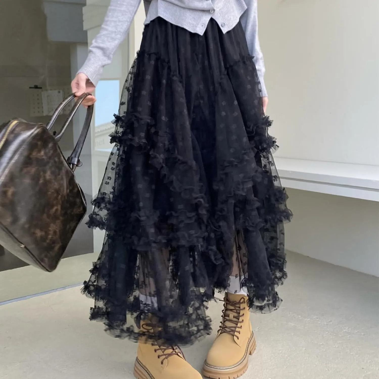 Mxiqqpltky Maxi Tulle Skirts for Women Casual High Waisted Tiered Ruffle Mesh Lace Skirt Fairy Puffy Flowy Long A-line Skirt