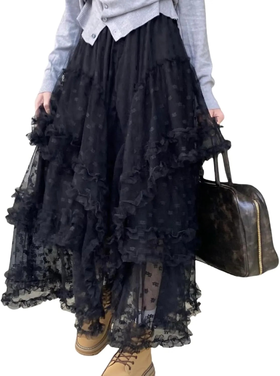 Mxiqqpltky Maxi Tulle Skirts for Women Casual High Waisted Tiered Ruffle Mesh Lace Skirt Fairy Puffy Flowy Long A-line Skirt
