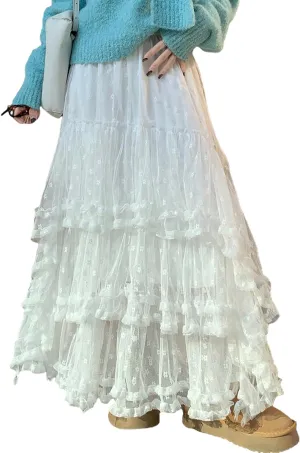 Mxiqqpltky Maxi Tulle Skirts for Women Casual High Waisted Tiered Ruffle Mesh Lace Skirt Fairy Puffy Flowy Long A-line Skirt