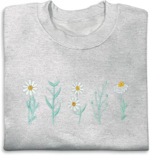 NACRE APPAREL Daisy Lover Embroidered Sweatshirt Wildflowers Crewneck Flower Embroidery Botanical Plant