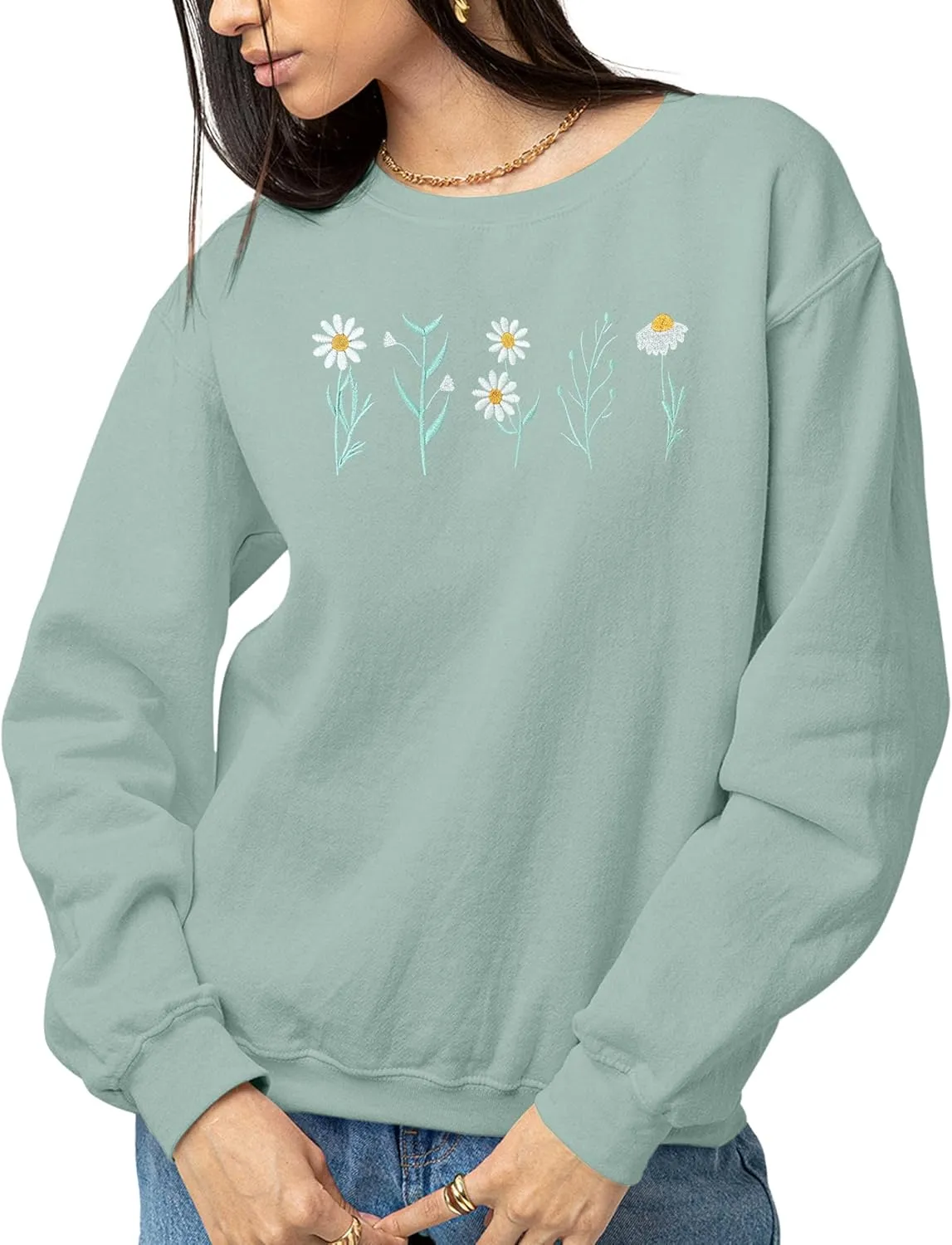 NACRE APPAREL Daisy Lover Embroidered Sweatshirt Wildflowers Crewneck Flower Embroidery Botanical Plant