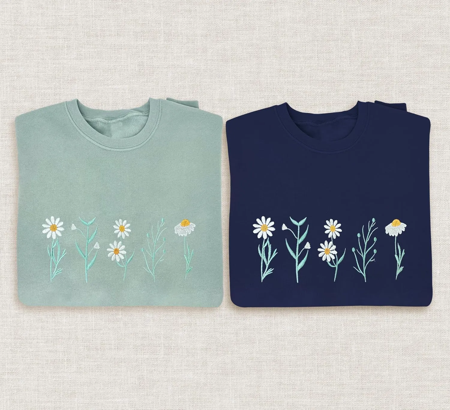 NACRE APPAREL Daisy Lover Embroidered Sweatshirt Wildflowers Crewneck Flower Embroidery Botanical Plant