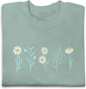 NACRE APPAREL Daisy Lover Embroidered Sweatshirt Wildflowers Crewneck Flower Embroidery Botanical Plant