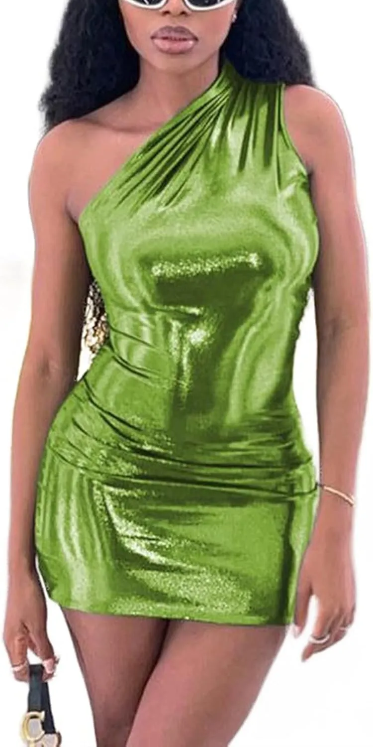 NRTHYE Women Metallic Mini Dress Sexy One Shoulder Sleeveless Backless Bodycon Party Club Short Dresses