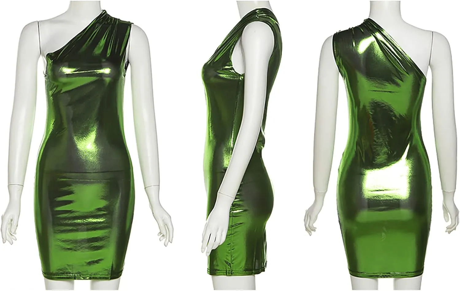 NRTHYE Women Metallic Mini Dress Sexy One Shoulder Sleeveless Backless Bodycon Party Club Short Dresses