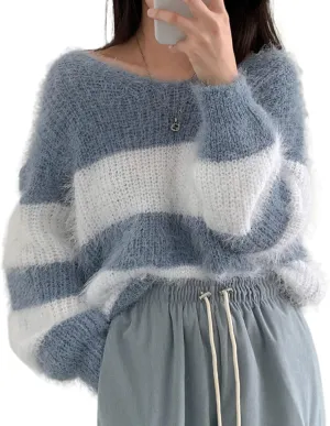Off Shoulder Sweater Y2k Striped Oversized Mohair Sweater Women 2024 Fall Fuzzy Chunky Cute Sweater Trendy