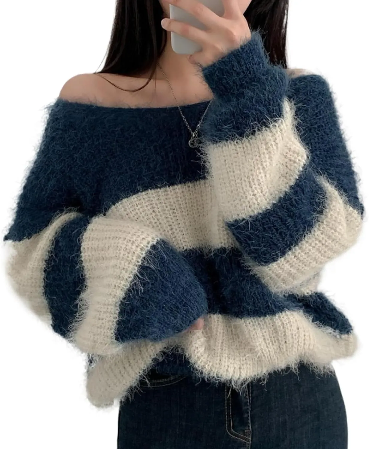 Off Shoulder Sweater Y2k Striped Oversized Mohair Sweater Women 2024 Fall Fuzzy Chunky Cute Sweater Trendy