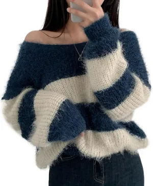 Off Shoulder Sweater Y2k Striped Oversized Mohair Sweater Women 2024 Fall Fuzzy Chunky Cute Sweater Trendy