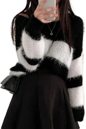 Off Shoulder Sweater Y2k Striped Oversized Mohair Sweater Women 2024 Fall Fuzzy Chunky Cute Sweater Trendy