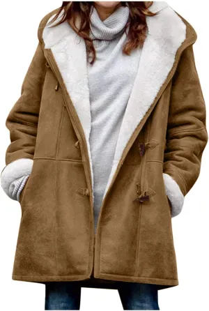 Ogiraw Womens Fleece Coat Oversized solid color Hooded Jacket Button Down Winter Fuzzy Casual Outwear long coat with Pockets