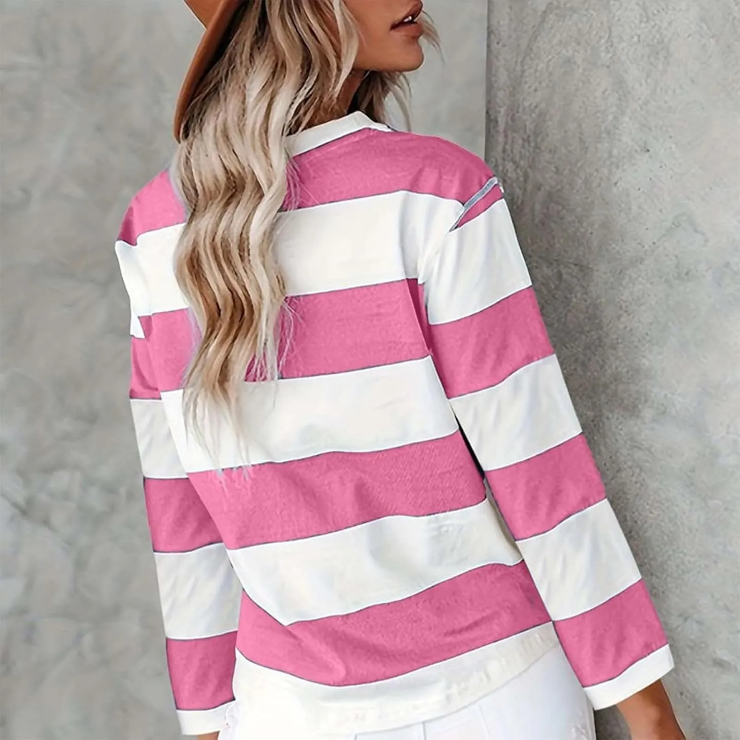 Orange Striped Long Sleeve Shirt Women 2024 Fall Crew Neck Striped T Shirts Color Block Comfy Loose Oversized Tops