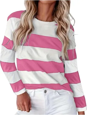 Orange Striped Long Sleeve Shirt Women 2024 Fall Crew Neck Striped T Shirts Color Block Comfy Loose Oversized Tops