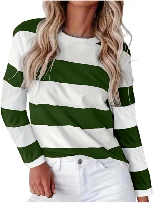 Orange Striped Long Sleeve Shirt Women 2024 Fall Crew Neck Striped T Shirts Color Block Comfy Loose Oversized Tops