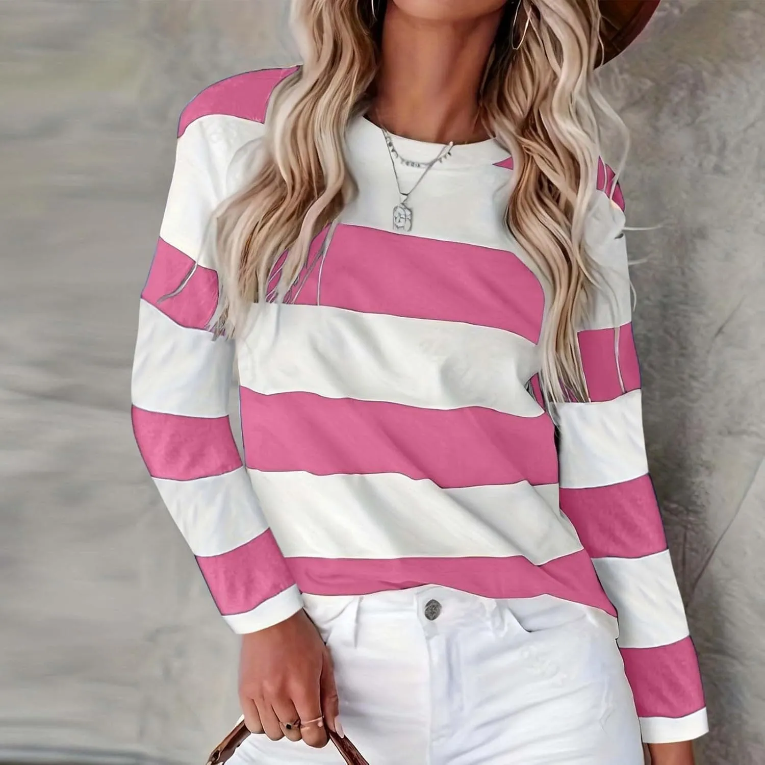 Orange Striped Long Sleeve Shirt Women 2024 Fall Crew Neck Striped T Shirts Color Block Comfy Loose Oversized Tops