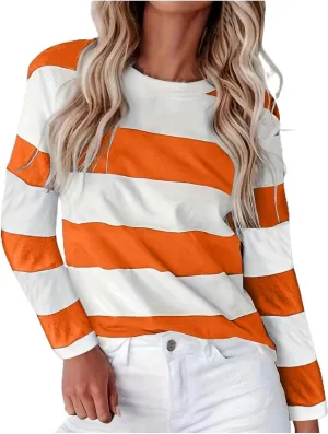 Orange Striped Long Sleeve Shirt Women 2024 Fall Crew Neck Striped T Shirts Color Block Comfy Loose Oversized Tops