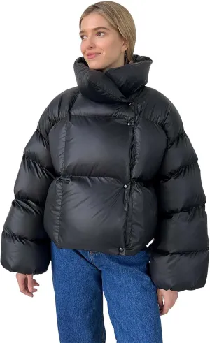 Oversized Down Jacket Womens Thickened Short Padded Y2k Puffer Pockets Cropped Winter Coat Outerwear Removable Hood