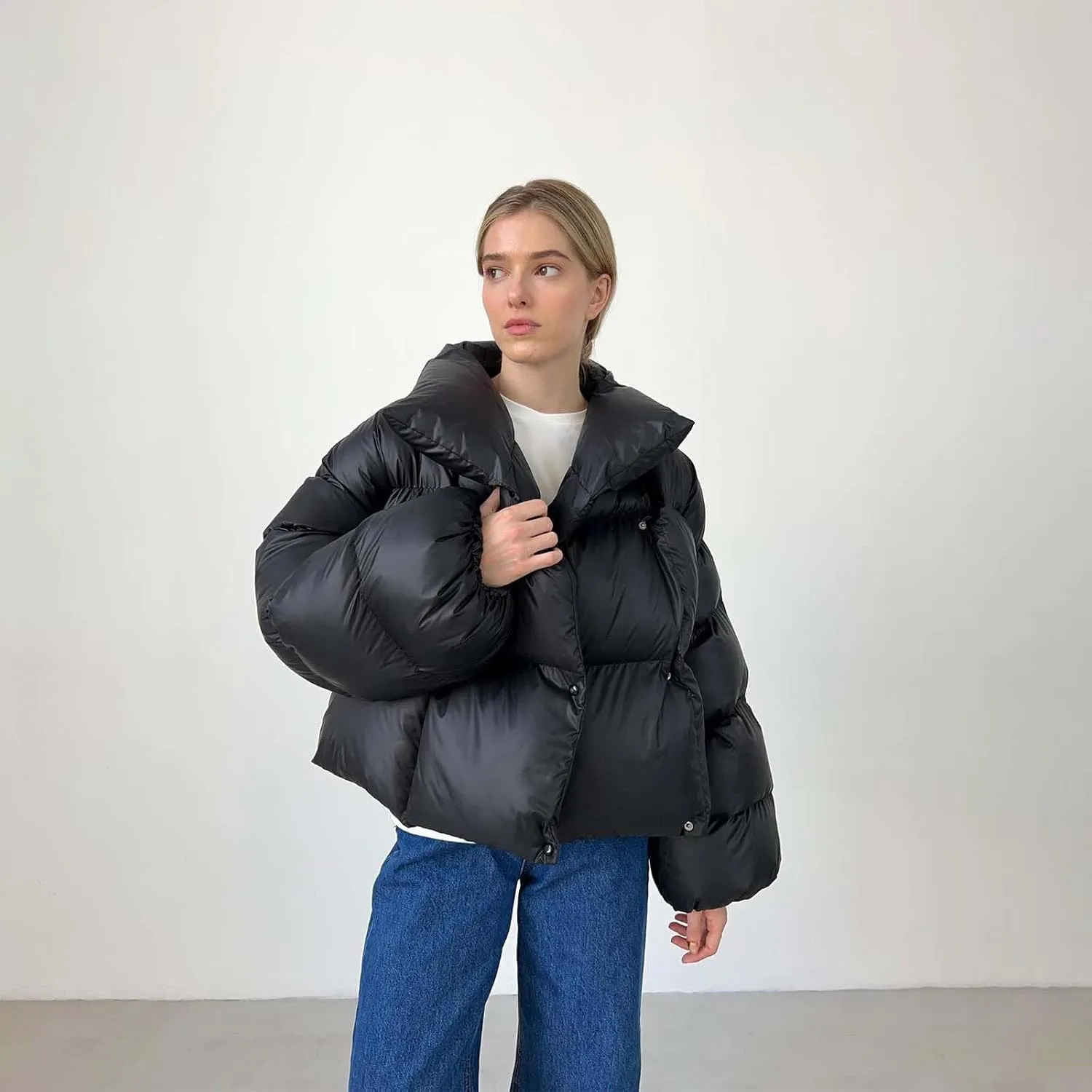Oversized Down Jacket Womens Thickened Short Padded Y2k Puffer Pockets Cropped Winter Coat Outerwear Removable Hood