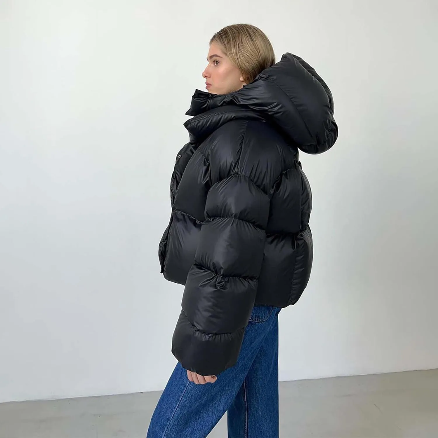 Oversized Down Jacket Womens Thickened Short Padded Y2k Puffer Pockets Cropped Winter Coat Outerwear Removable Hood