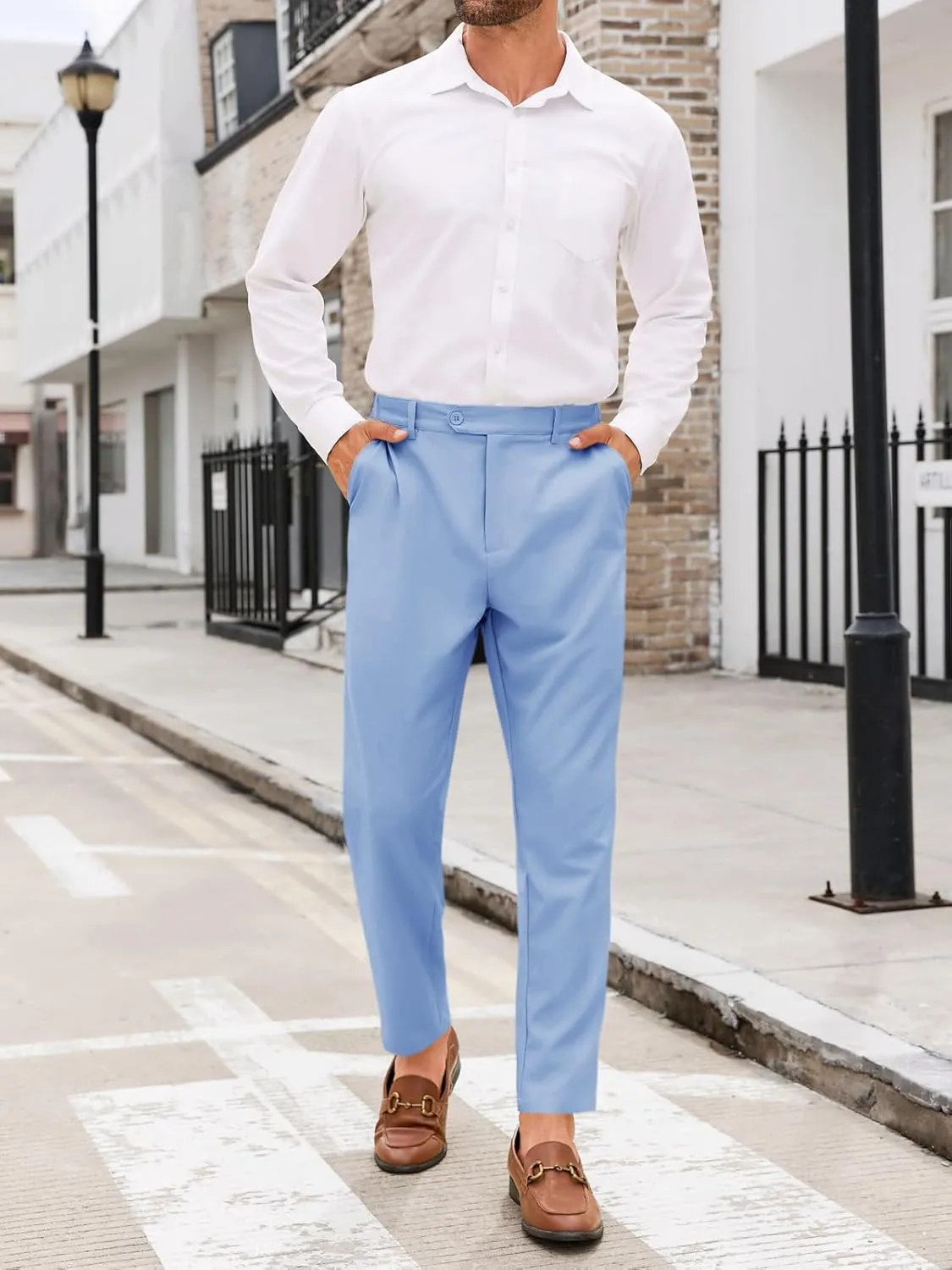 PASLTER Mens Chinos Pants Slim Fit Pleat Front Skinny Elastic Waist Dress Work Suit Pants Classic Slacks