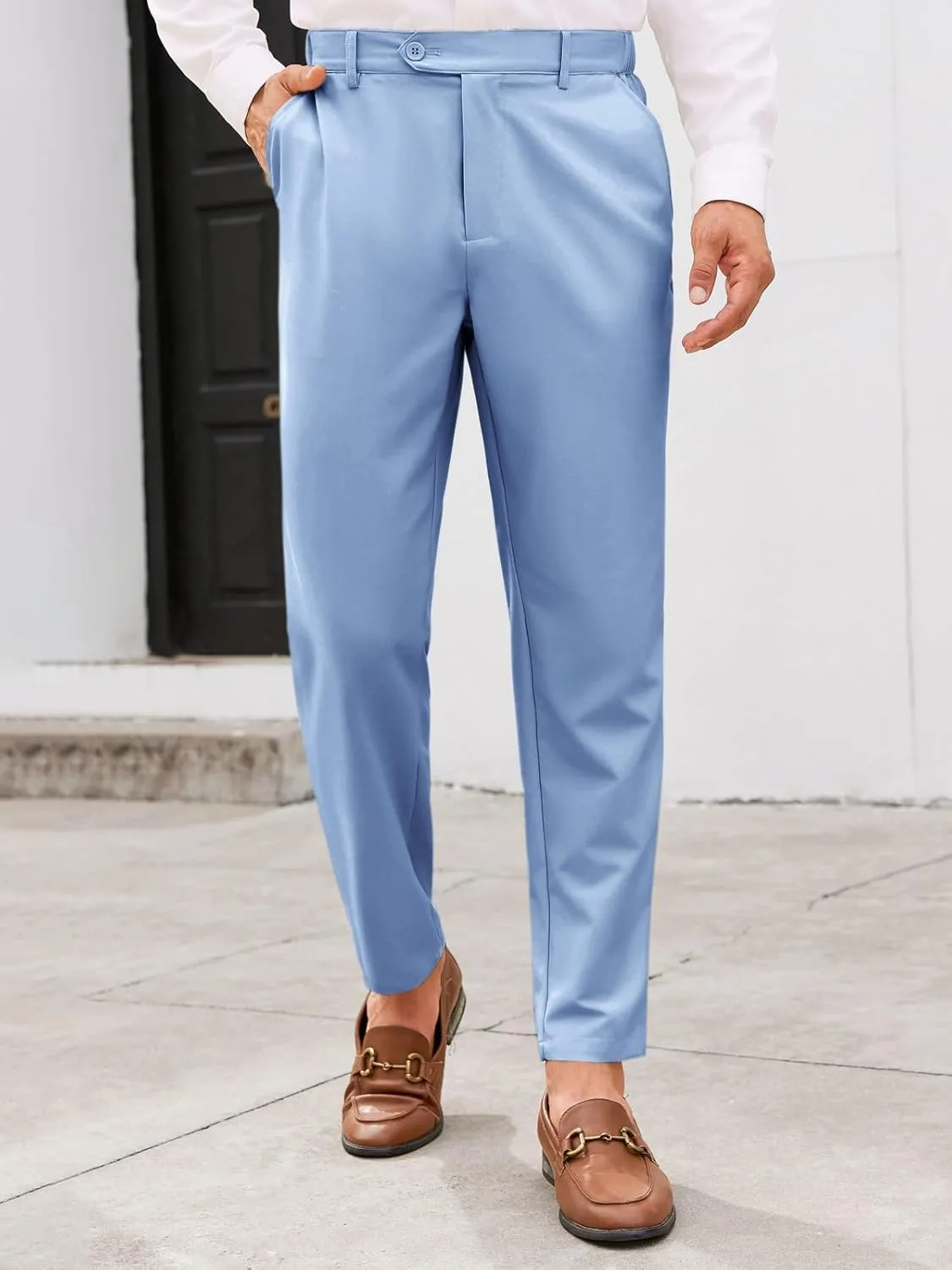 PASLTER Mens Chinos Pants Slim Fit Pleat Front Skinny Elastic Waist Dress Work Suit Pants Classic Slacks