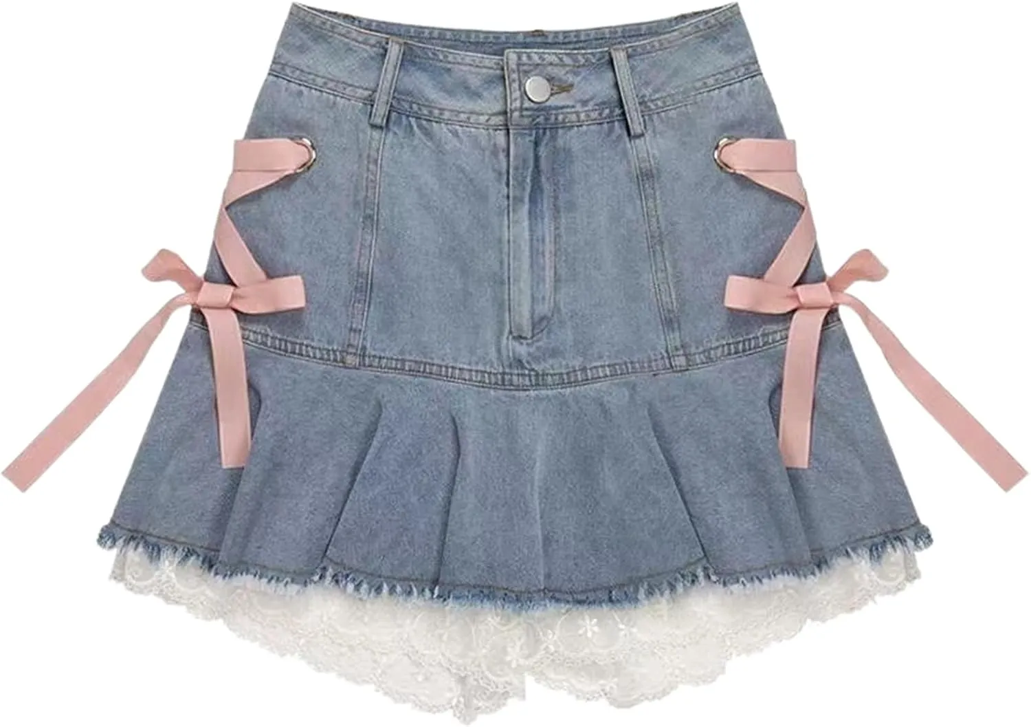 Pink Pleated Denim Skirts for Women,Summer Hot Girl White Lace Stitching Mini Skirt,Casual Sweet A-Line Design