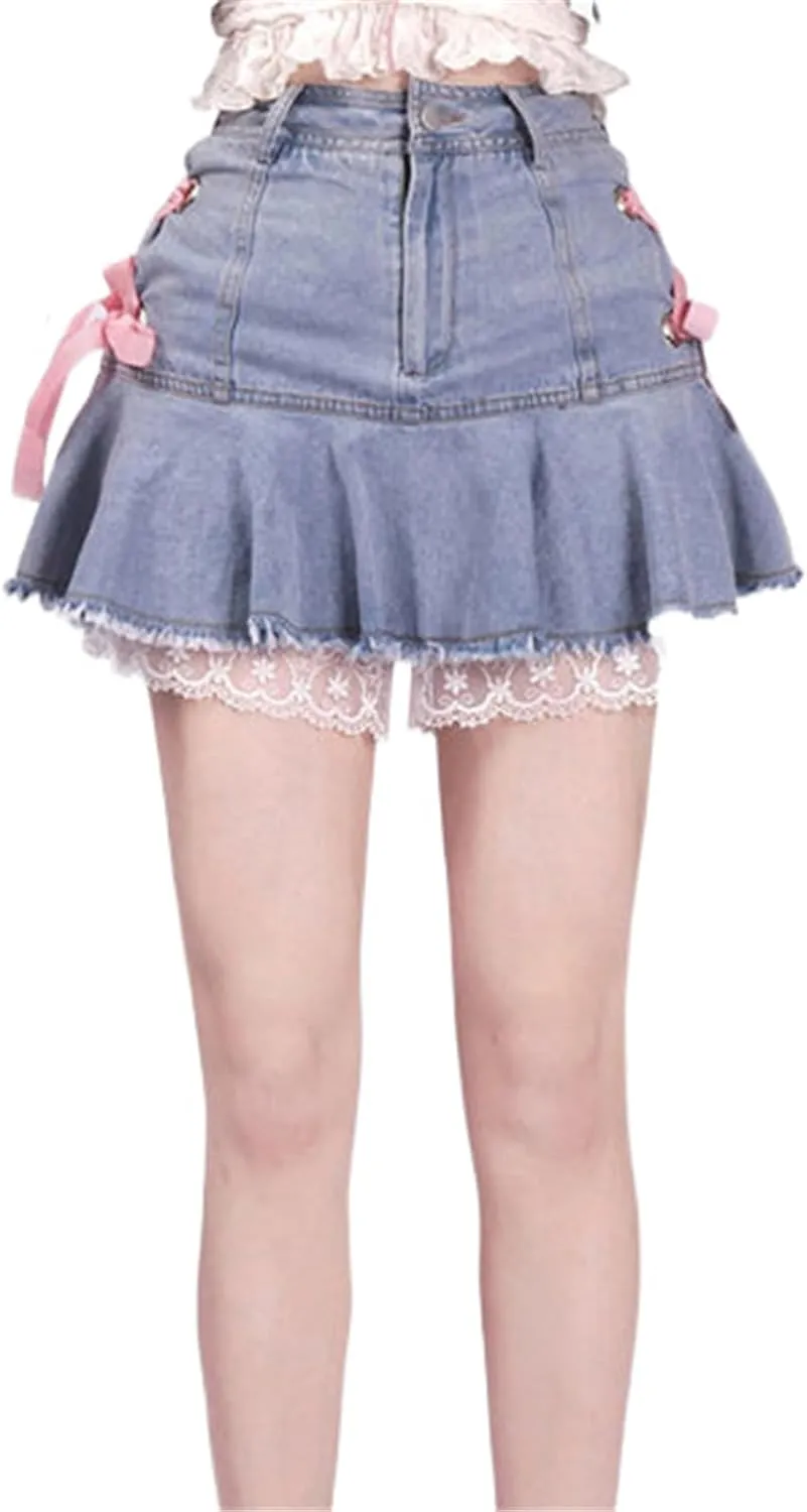 Pink Pleated Denim Skirts for Women,Summer Hot Girl White Lace Stitching Mini Skirt,Casual Sweet A-Line Design
