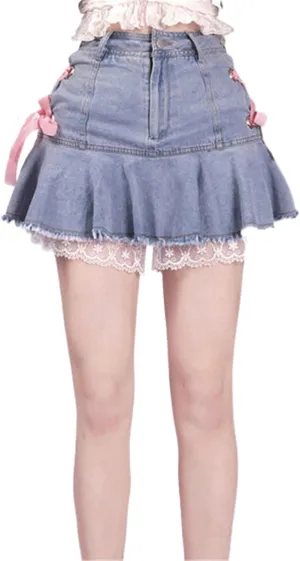 Pink Pleated Denim Skirts for Women,Summer Hot Girl White Lace Stitching Mini Skirt,Casual Sweet A-Line Design