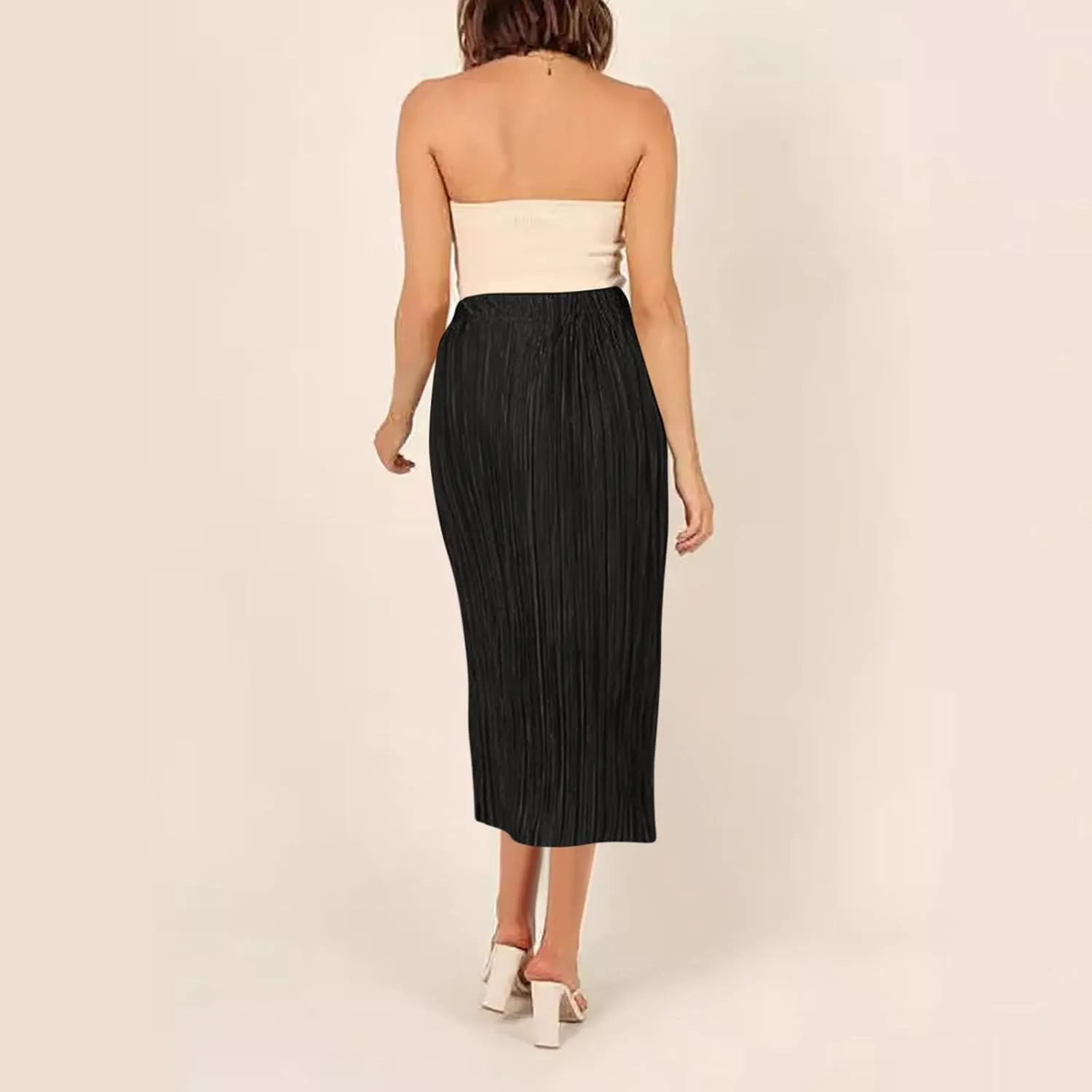 Pleated Midi Skirt for Women Elastic High Waisted Side Slit Thigh Skirts Casual Summer Solid Fashion A line Skirt