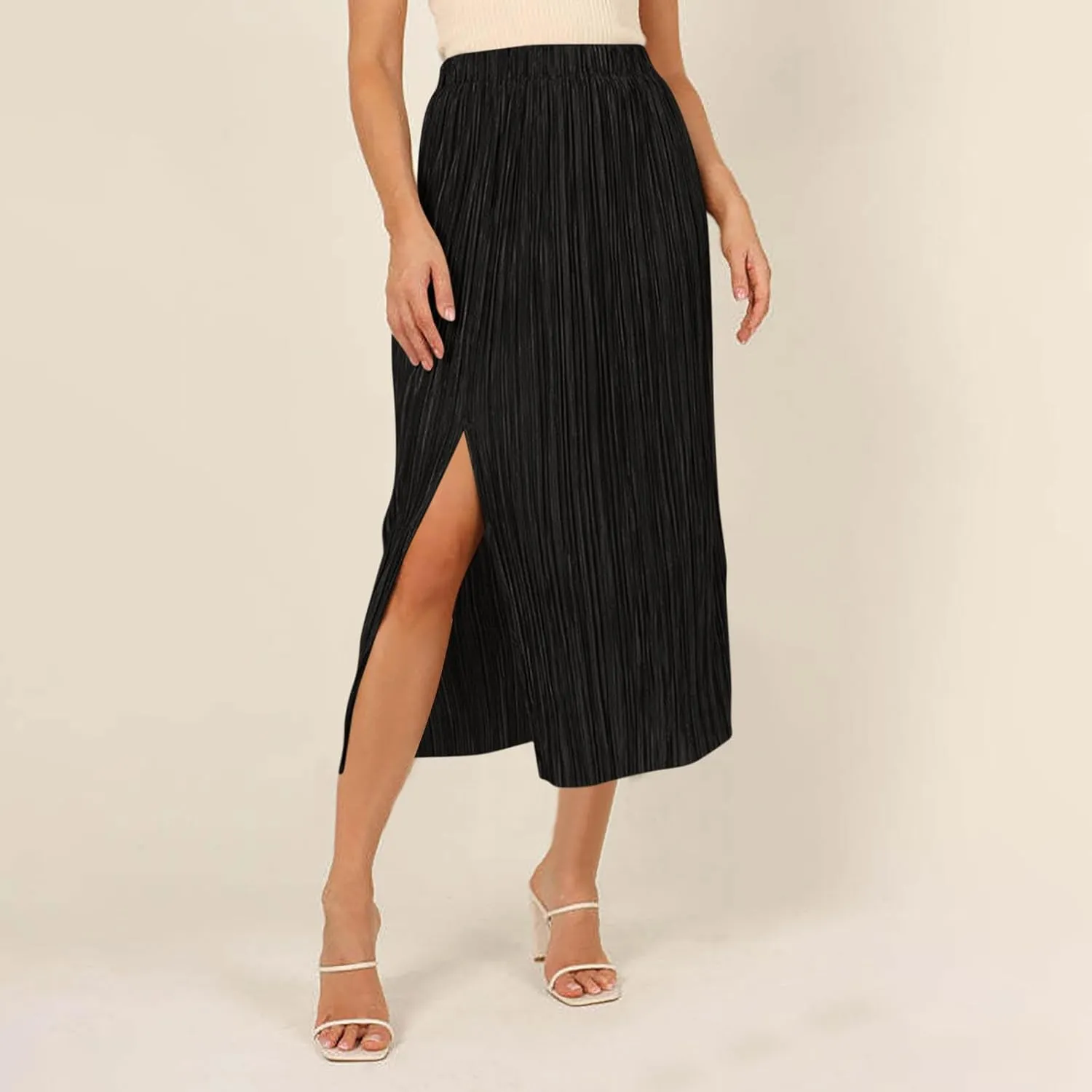 Pleated Midi Skirt for Women Elastic High Waisted Side Slit Thigh Skirts Casual Summer Solid Fashion A line Skirt