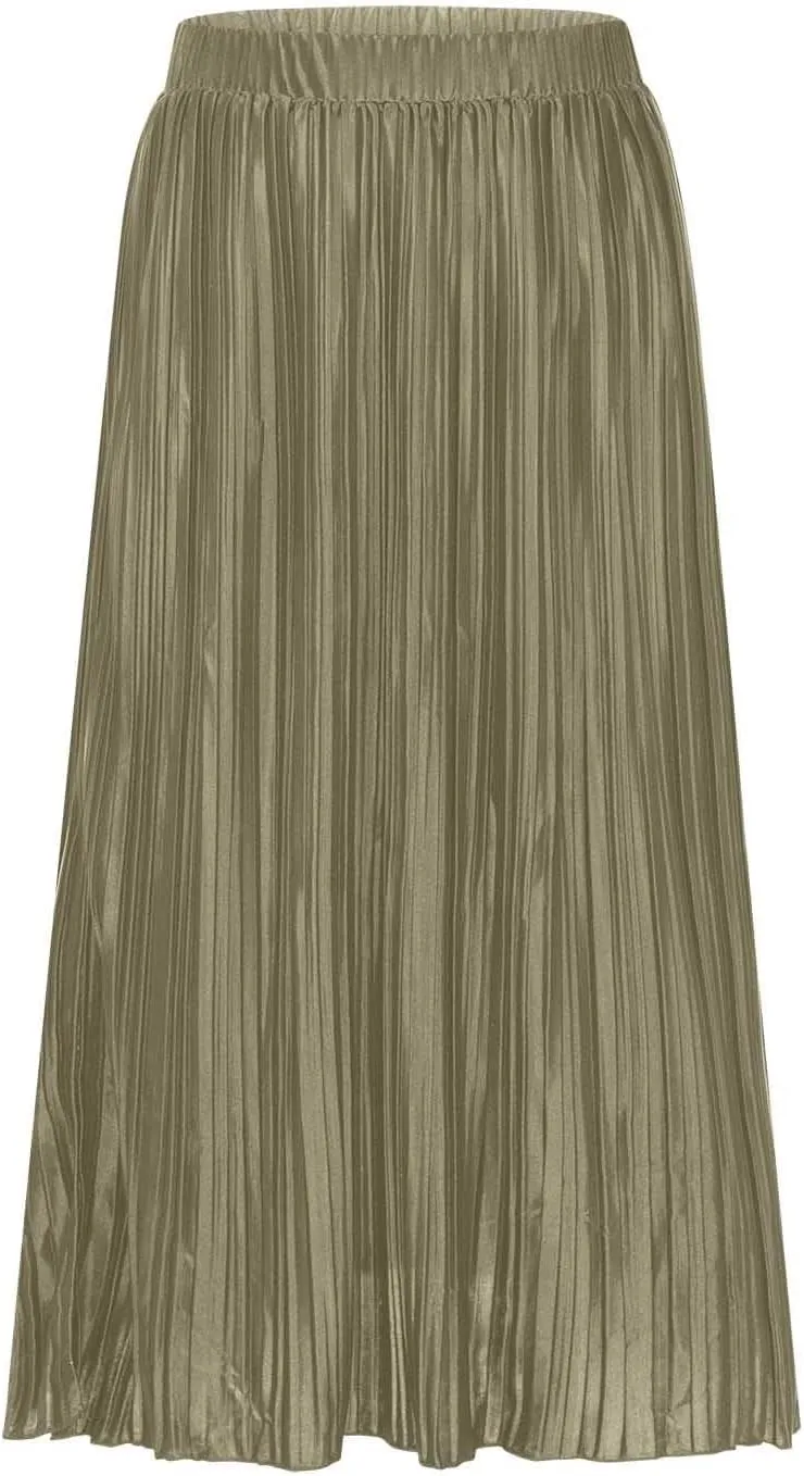 Pleated Midi Skirt for Women Elastic High Waisted Side Slit Thigh Skirts Casual Summer Solid Fashion A line Skirt