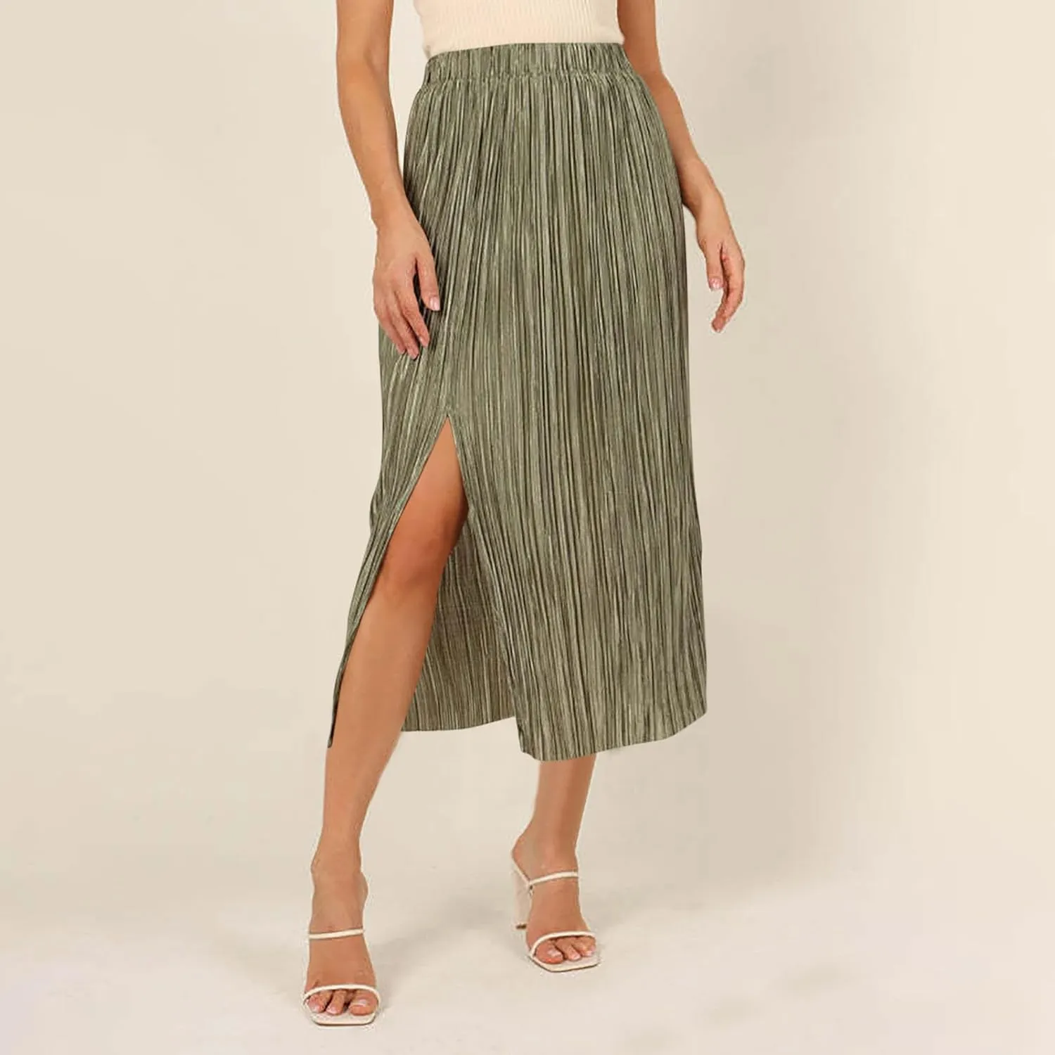 Pleated Midi Skirt for Women Elastic High Waisted Side Slit Thigh Skirts Casual Summer Solid Fashion A line Skirt