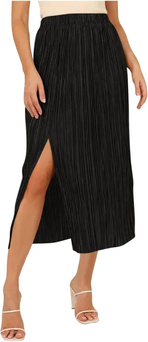 Pleated Midi Skirt for Women Elastic High Waisted Side Slit Thigh Skirts Casual Summer Solid Fashion A line Skirt
