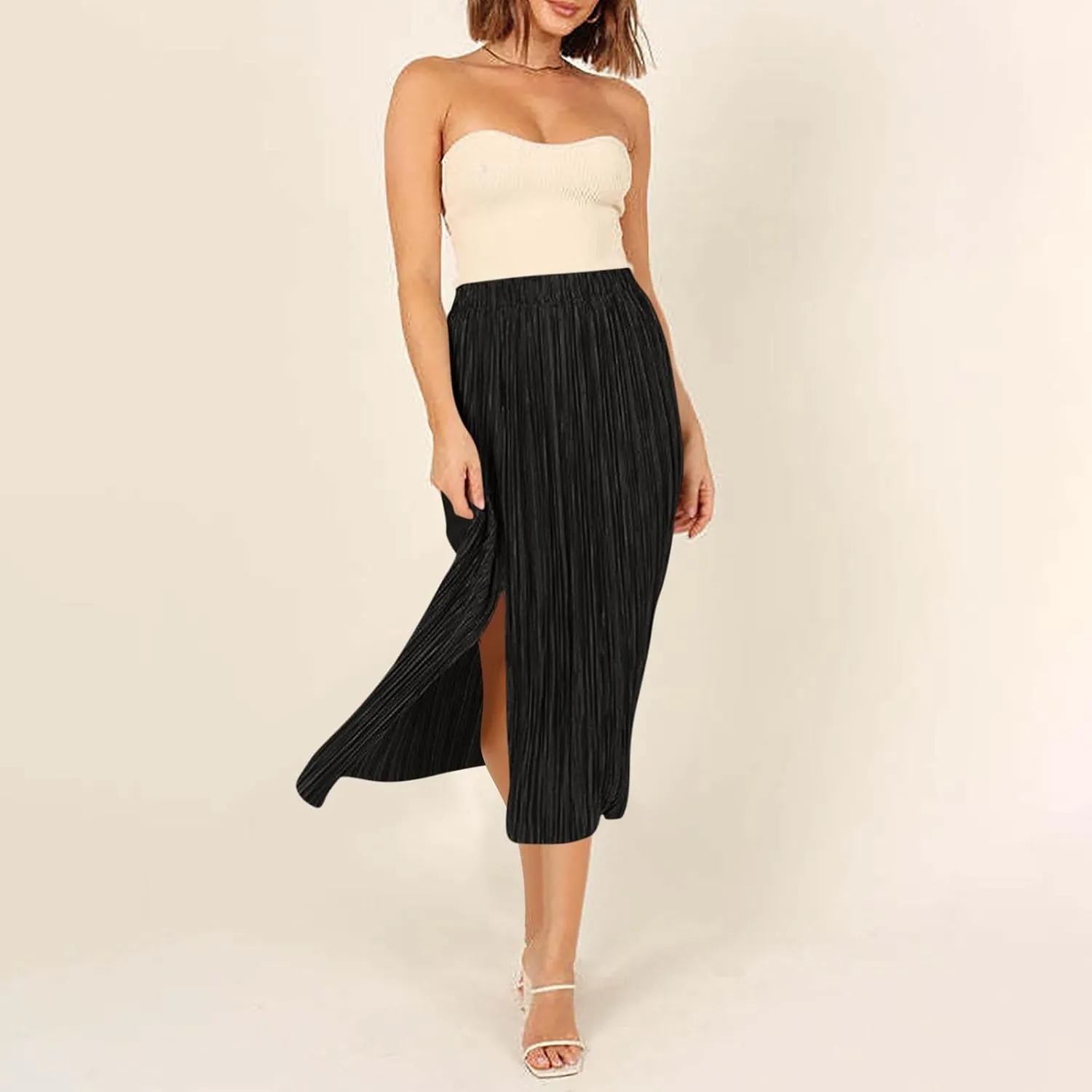 Pleated Midi Skirt for Women Elastic High Waisted Side Slit Thigh Skirts Casual Summer Solid Fashion A line Skirt