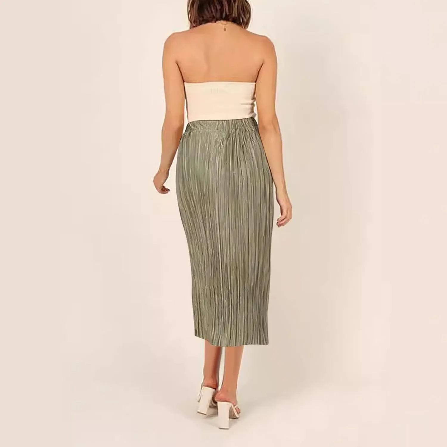 Pleated Midi Skirt for Women Elastic High Waisted Side Slit Thigh Skirts Casual Summer Solid Fashion A line Skirt