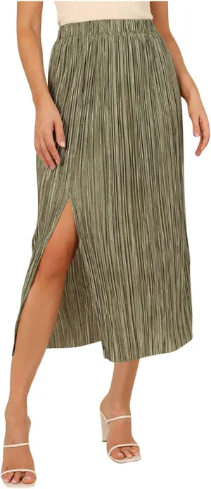 Pleated Midi Skirt for Women Elastic High Waisted Side Slit Thigh Skirts Casual Summer Solid Fashion A line Skirt