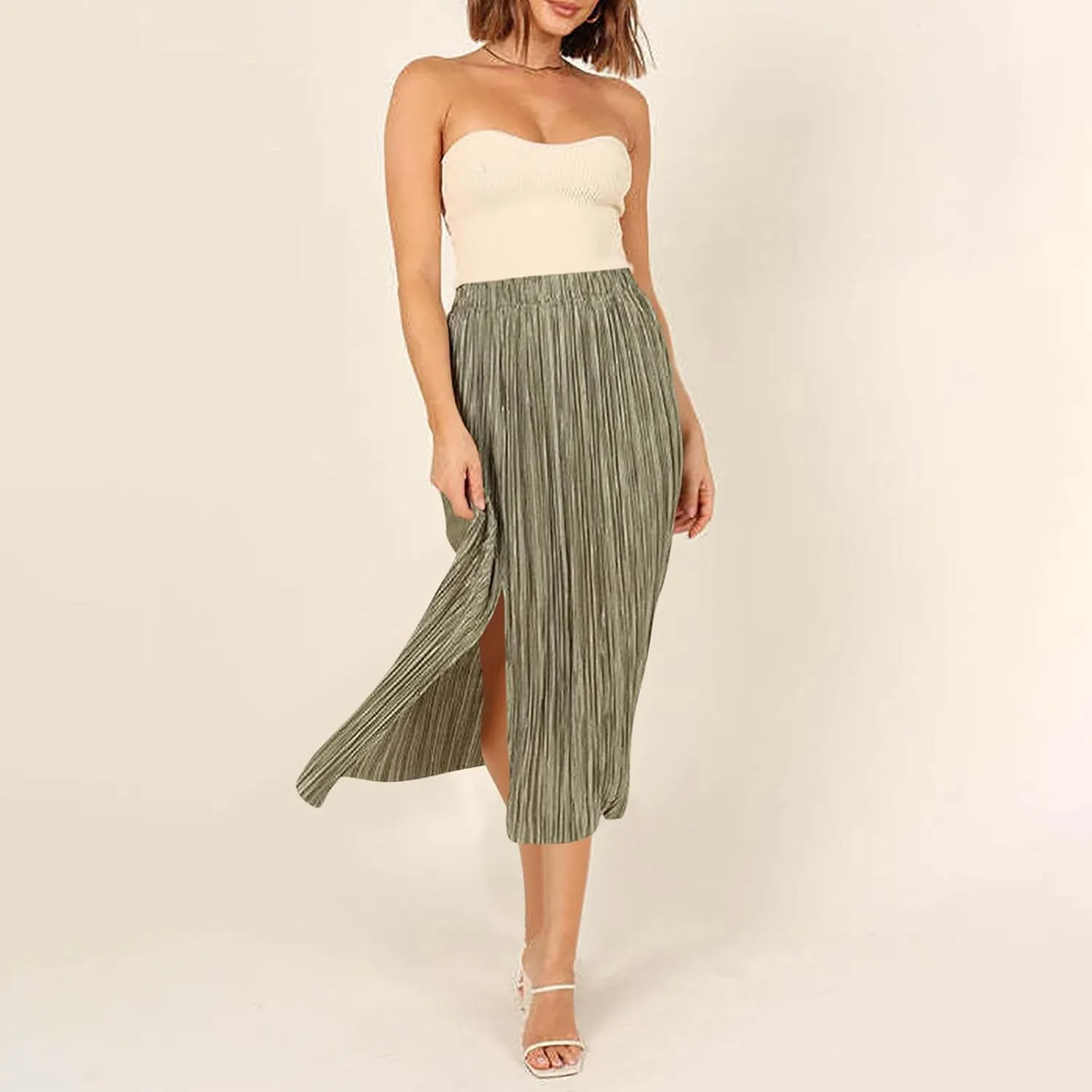 Pleated Midi Skirt for Women Elastic High Waisted Side Slit Thigh Skirts Casual Summer Solid Fashion A line Skirt