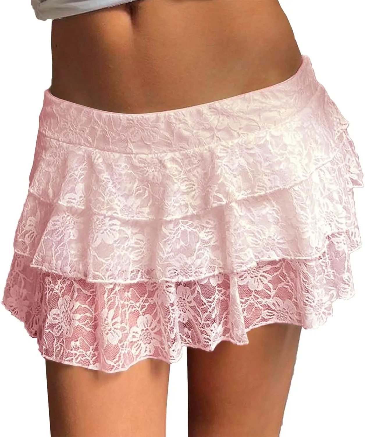Pleated Skirt for Women Summer Casual Low Rise Lace Mesh Ruffle Hem A-Line Y2K Sexy Mini Skirts for Girls Streetwear
